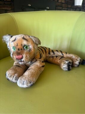 Steiff Vintage Mohair Tiger Stuffed Animal Plush Green Eyes Laying Tiger